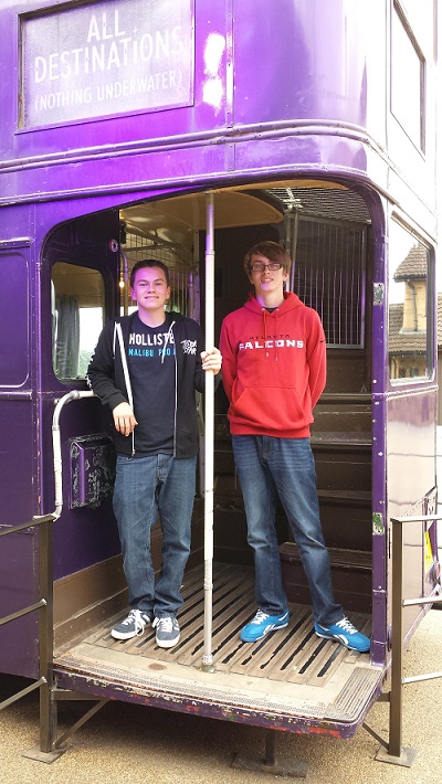 The boys on the Knight Bus at the Warner Bros Studio Tour