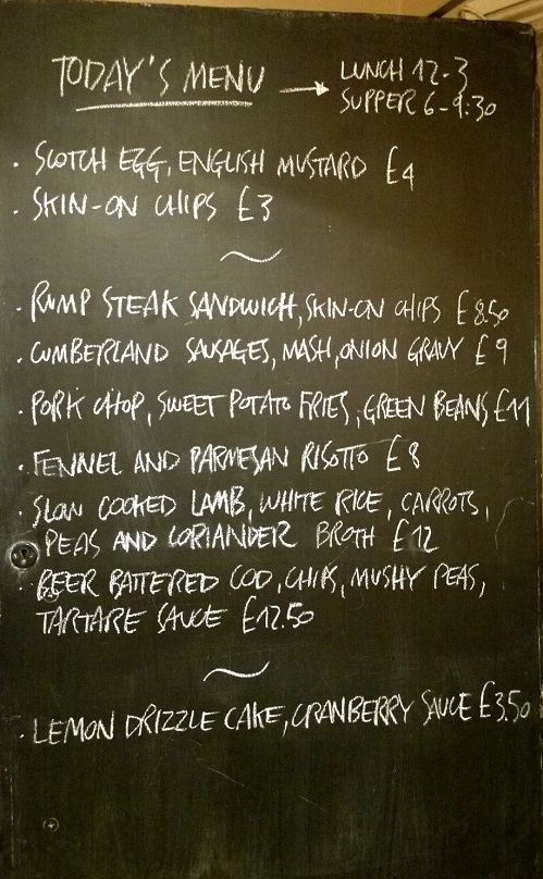 Gunmakers Arms menu