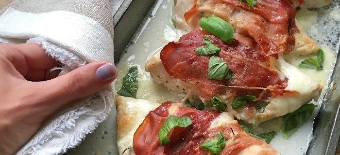 Mozzarella and basil stuffed chicken with Parma ham