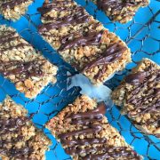 Coconut and chia seed granola bars with chocolate drizzle