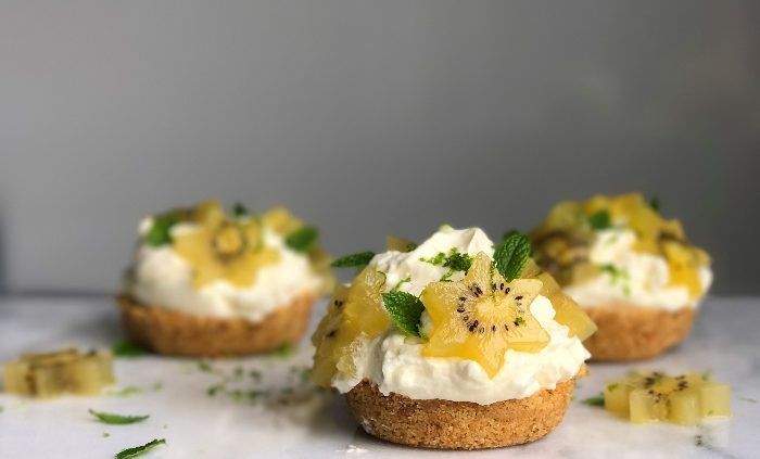 Light and fluffy lime, ginger and golden kiwi cheesecakes