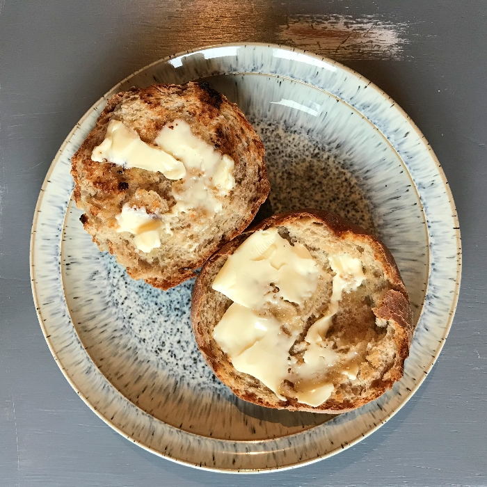 No knead rye bread rolls - toast and slather with butter