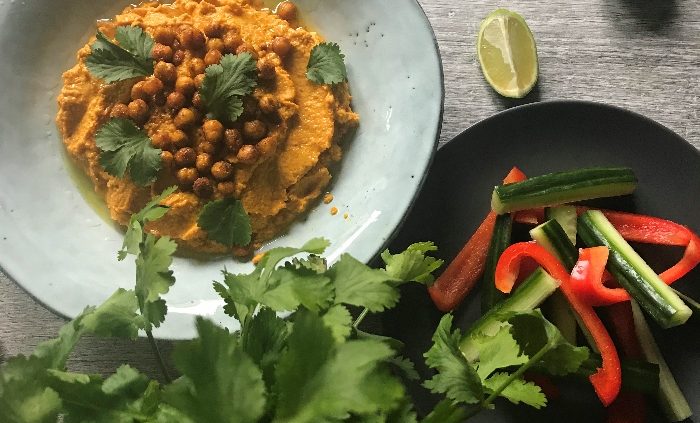 Moroccan spiced hummus with roasted chickpeas made with the Breville Blend Active Pro