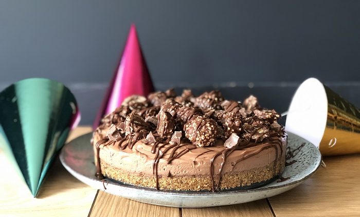 Nutella cheesecake with smashed Ferrero Rocher