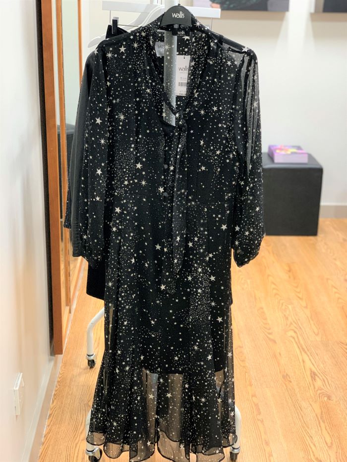Wallis black star print tie neck midi